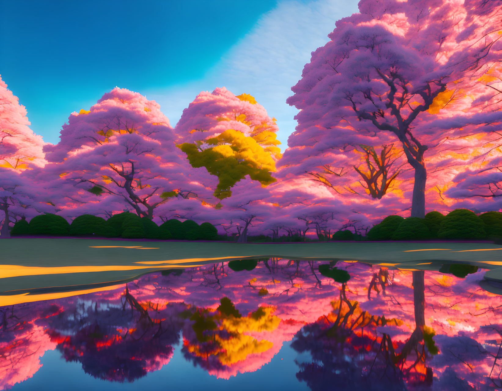 Pink Trees Reflecting on Water at Sunset with Blue Sky