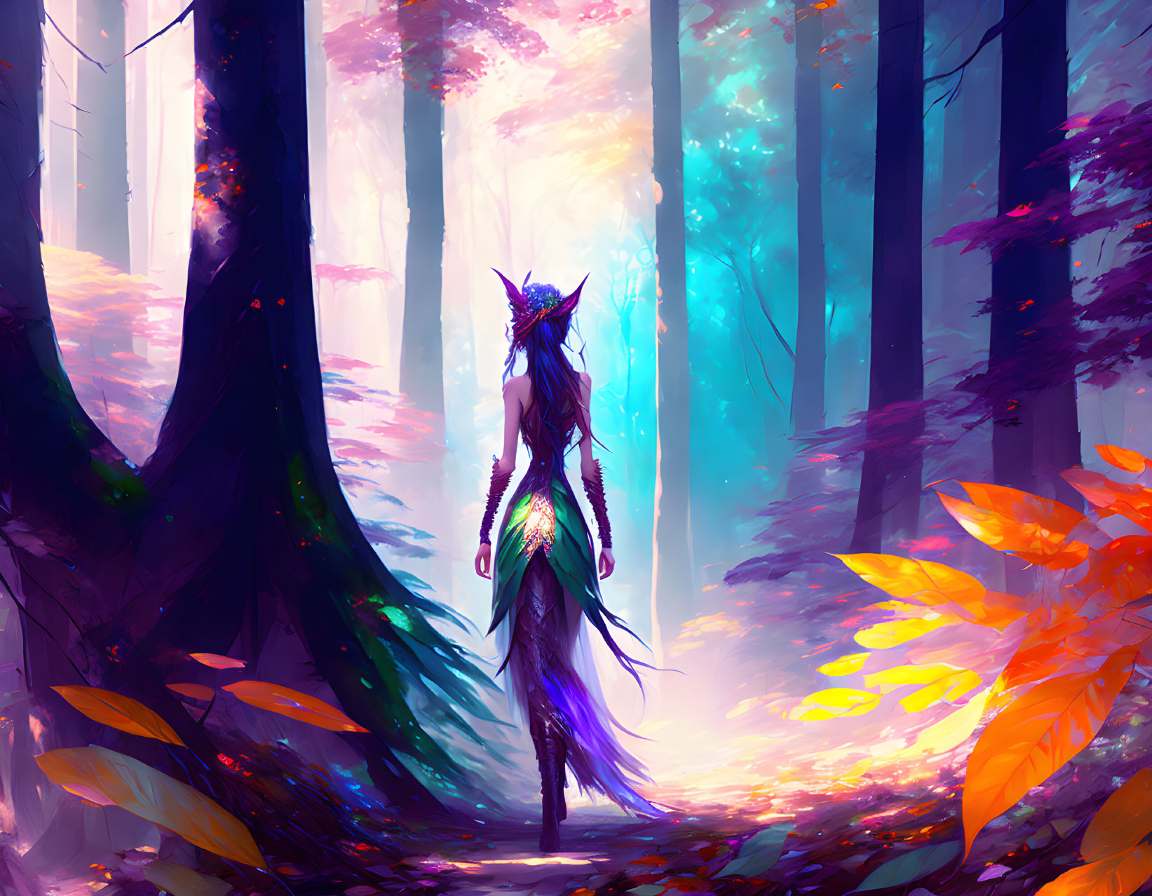 Mystical creature with antlers in vibrant enchanted forest