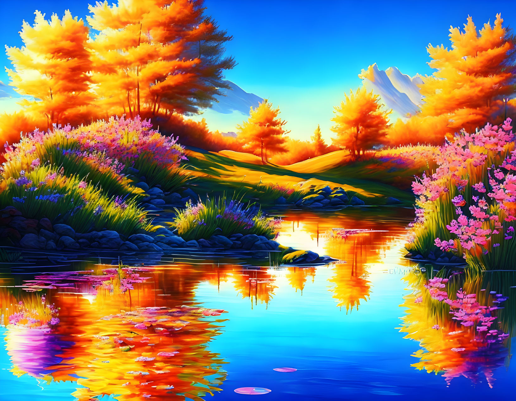 Autumn landscape with fiery trees, blue river, pink flowers, and green grass