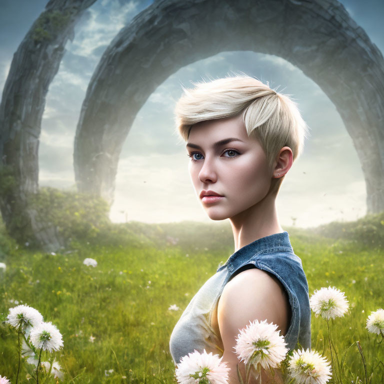 Pixie-Haired Woman in Front of Stone Arches and Field of Flowers