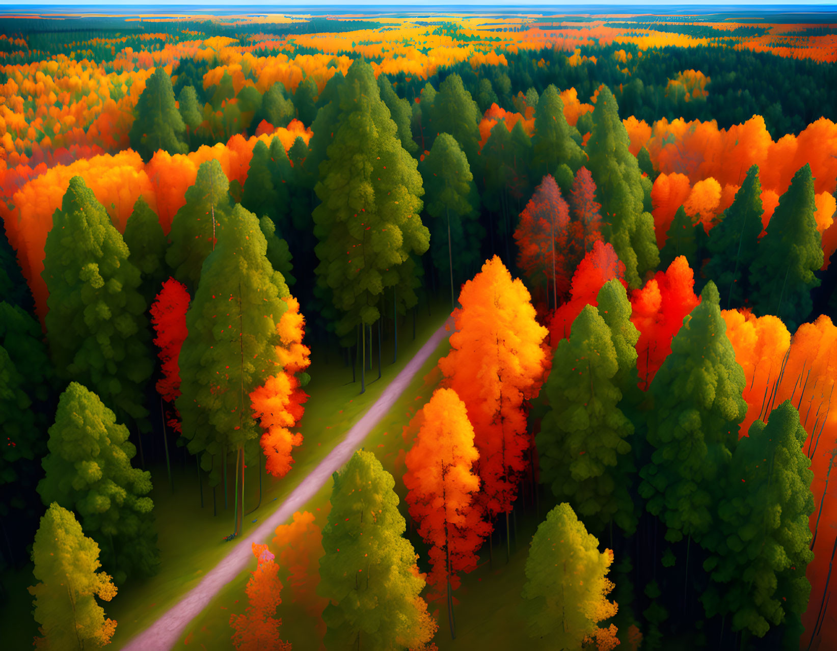 Autumn forest aerial view with winding path and vibrant tree canopies