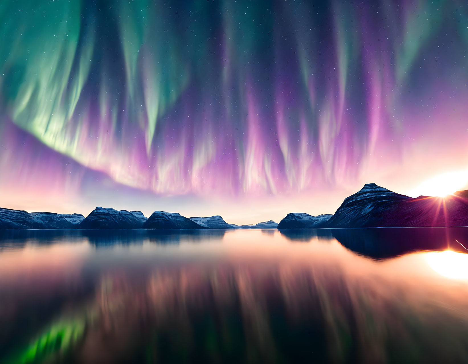 Colorful Aurora Borealis over Mountainous Landscape at Sunset