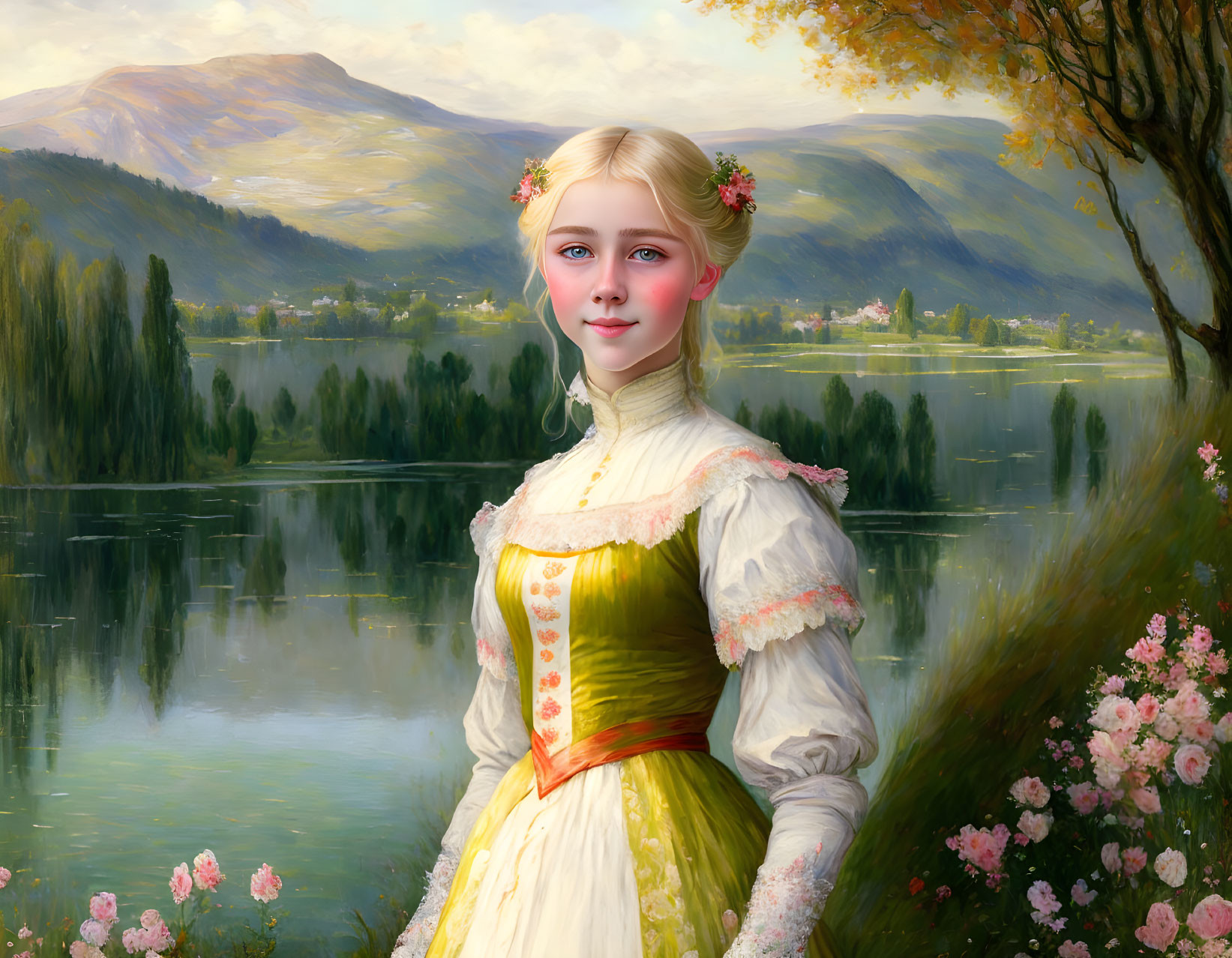 Young woman with blond hair in floral dress by lake with mountains.