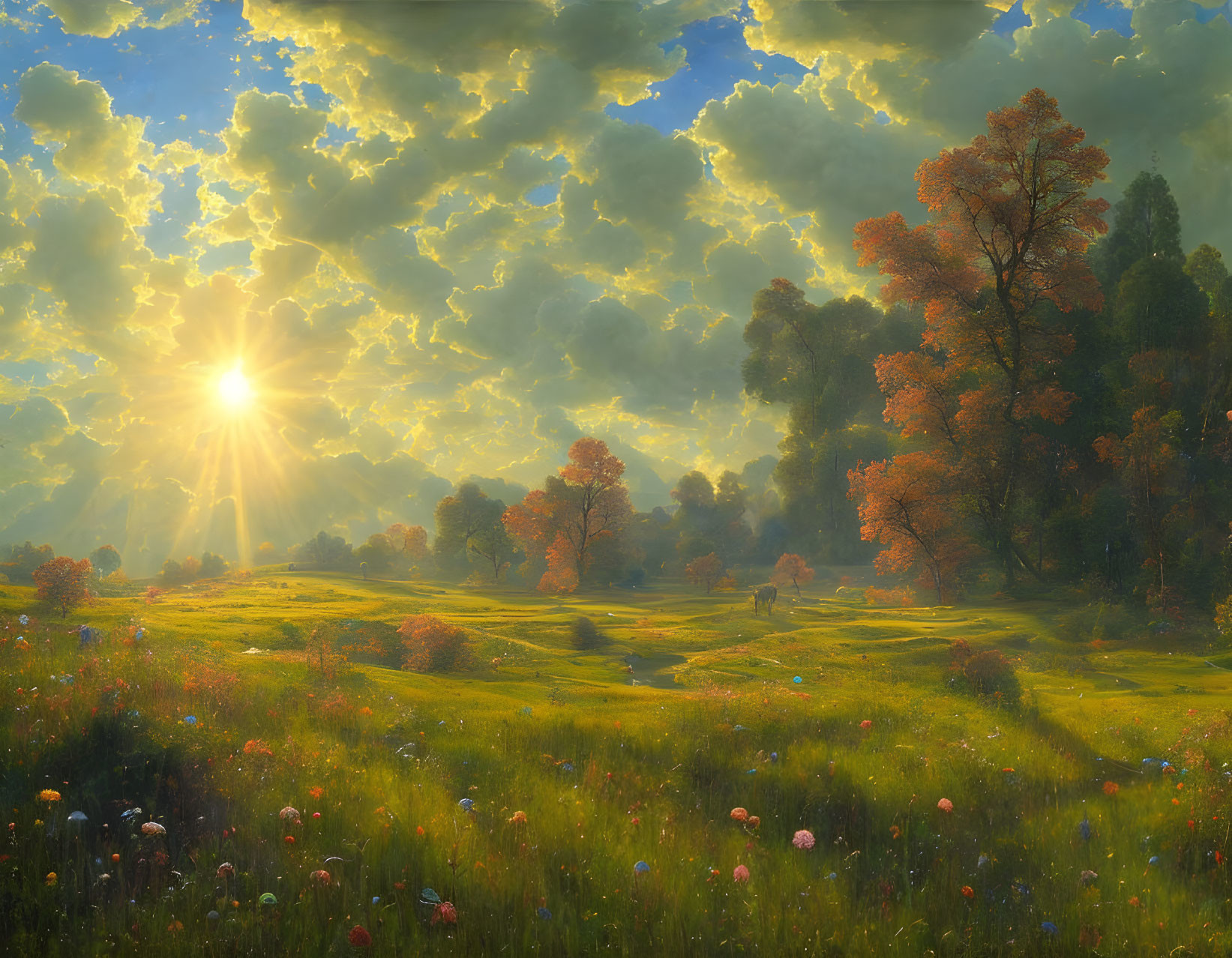 Serene Forest Clearing at Sunrise with Sunbeams and Wildflowers