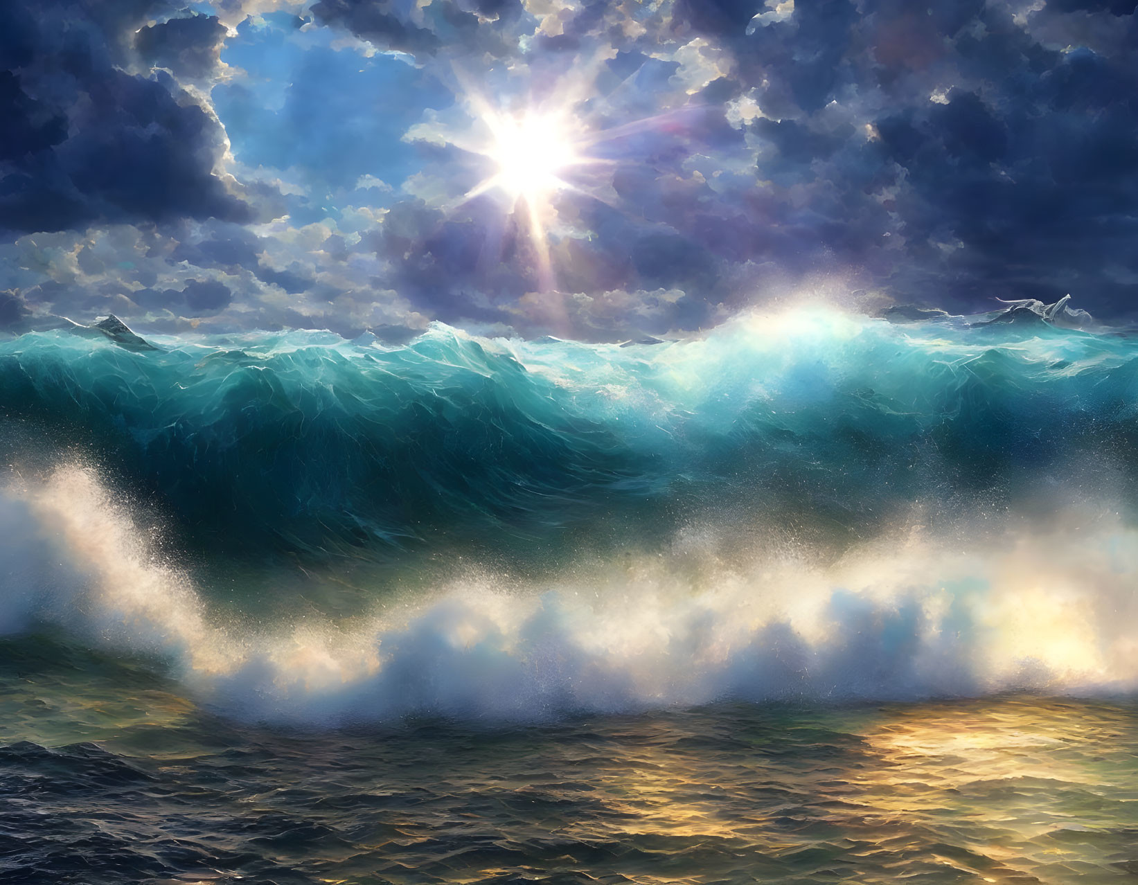 Sunlight illuminating towering ocean wave with spray and shimmering sea surface