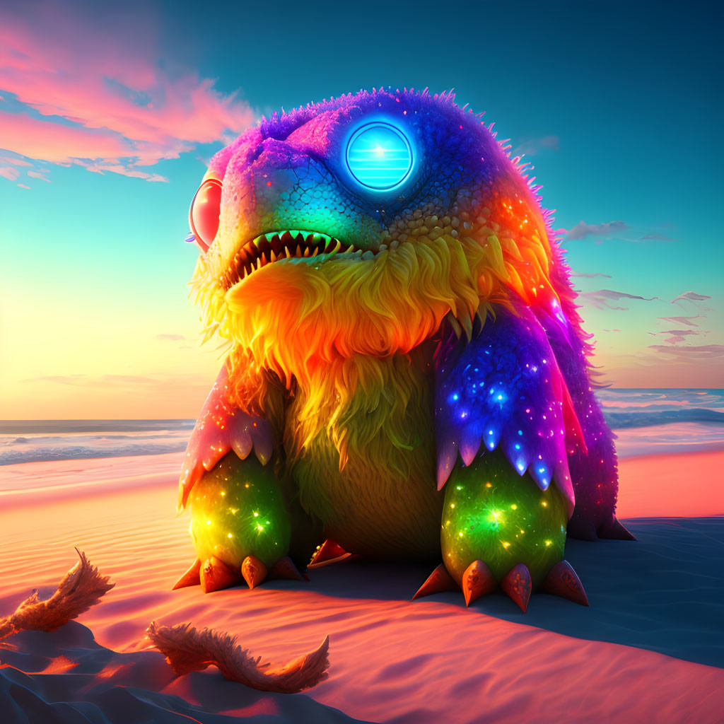 Vibrant furry creature with glowing spots and blue eye on sandy beach at sunset