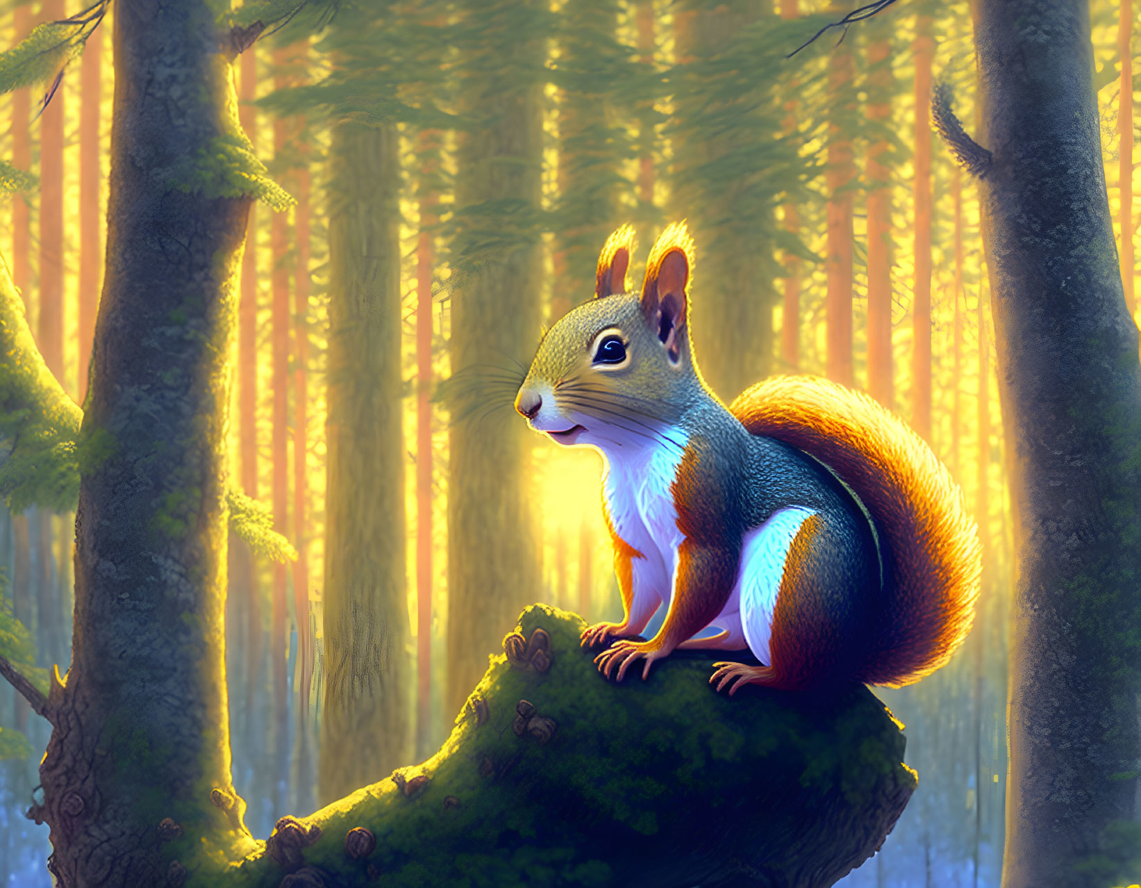 Mystical forest scene with squirrel on tree stump