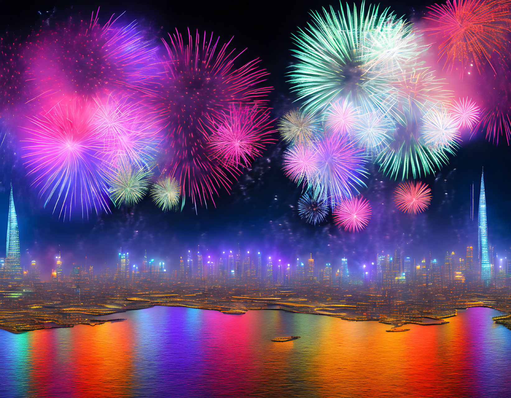 Vibrant cityscape fireworks display over river at night