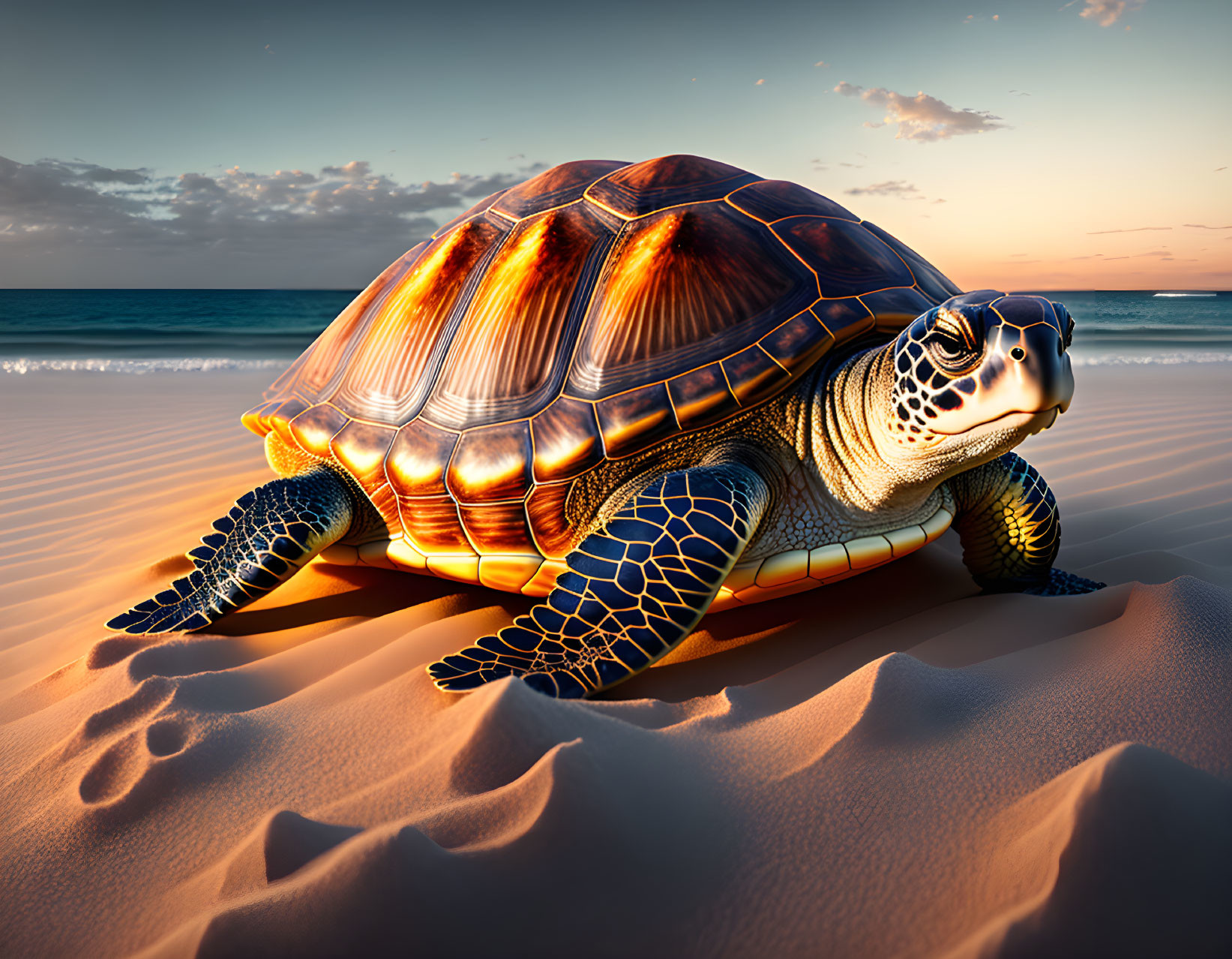 Colorful Sea Turtle on Sandy Beach at Sunset