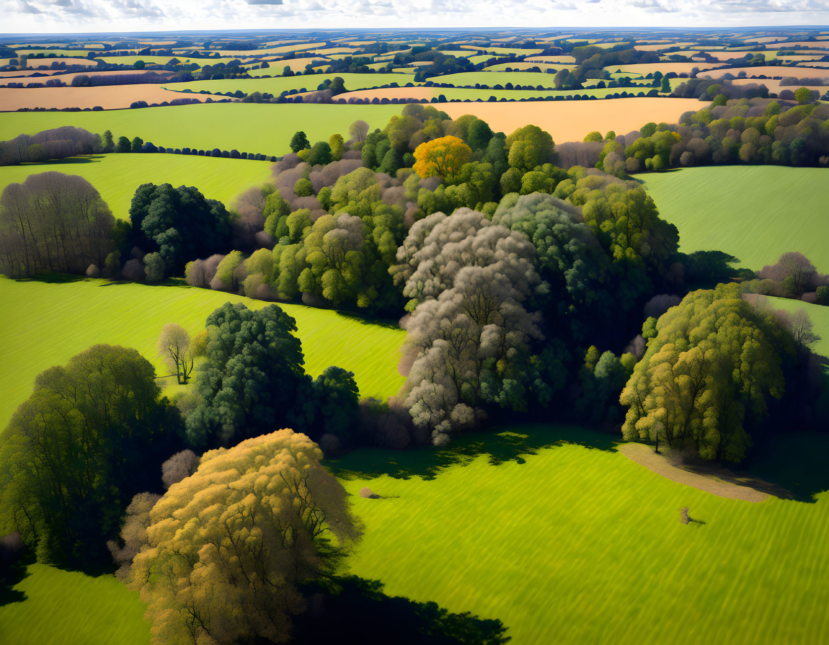 Lush Landscape with Green Fields and Trees under Cloudy Sky