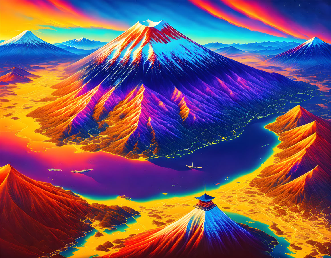 Colorful digital artwork: stylized mountains, glowing lava rivers, futuristic structure