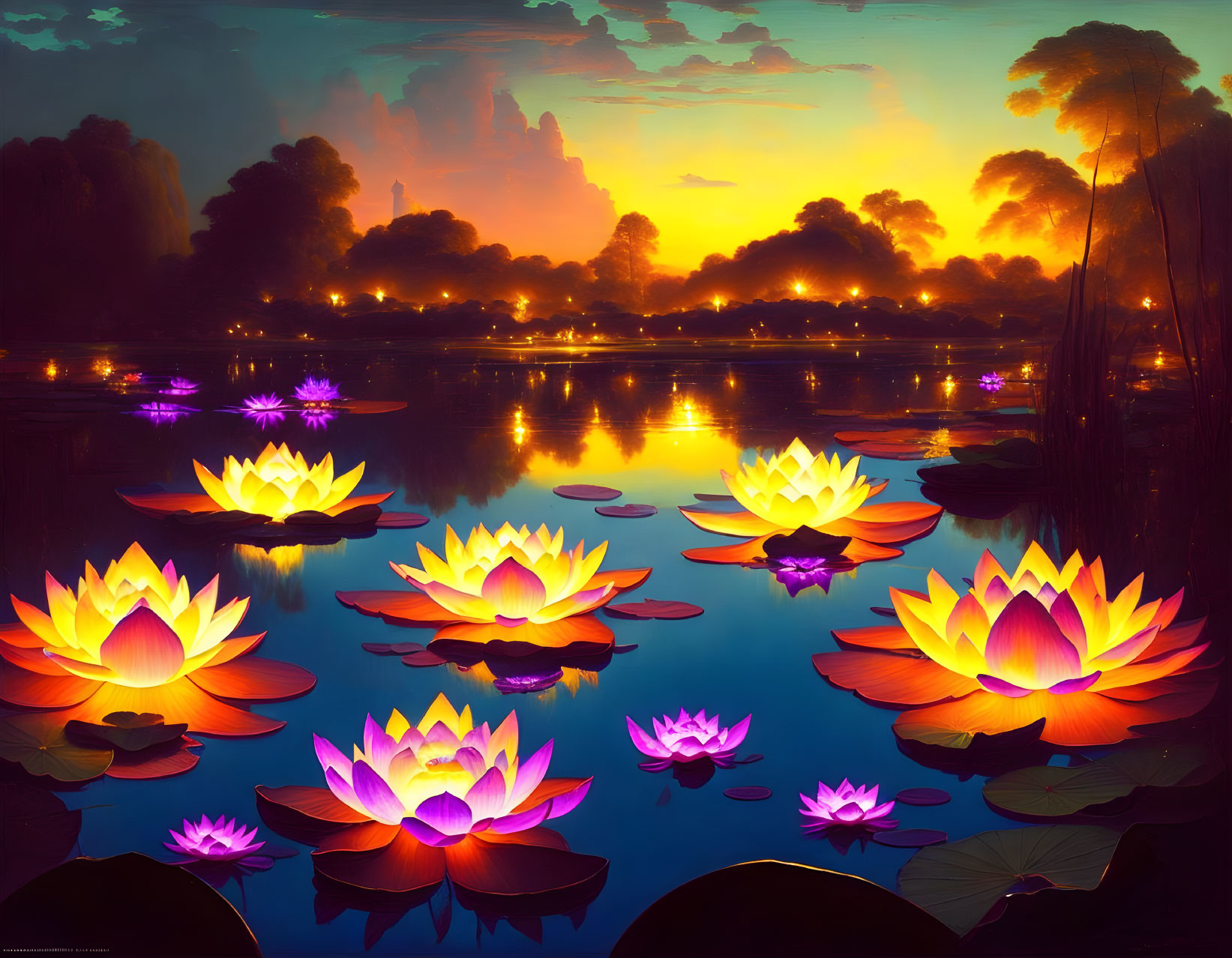 Serene pond with lotus flowers and lily pads at sunset