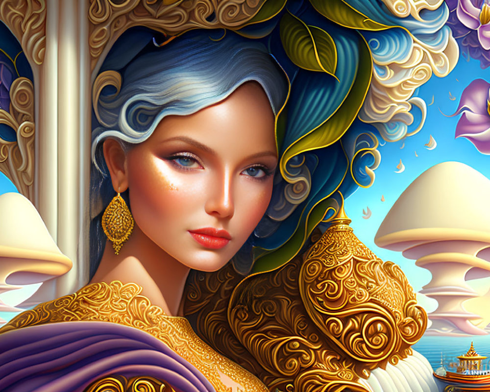 Stylized woman with blue hair in gold attire on cloud and ship backdrop