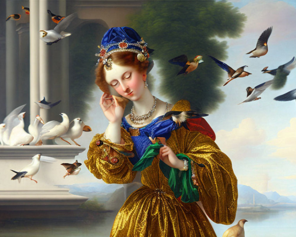 Elegant woman in vibrant historical dress with birds in classical setting