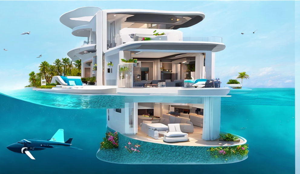 Luxurious Overwater Villa with Multiple Levels and Outdoor Lounging Areas