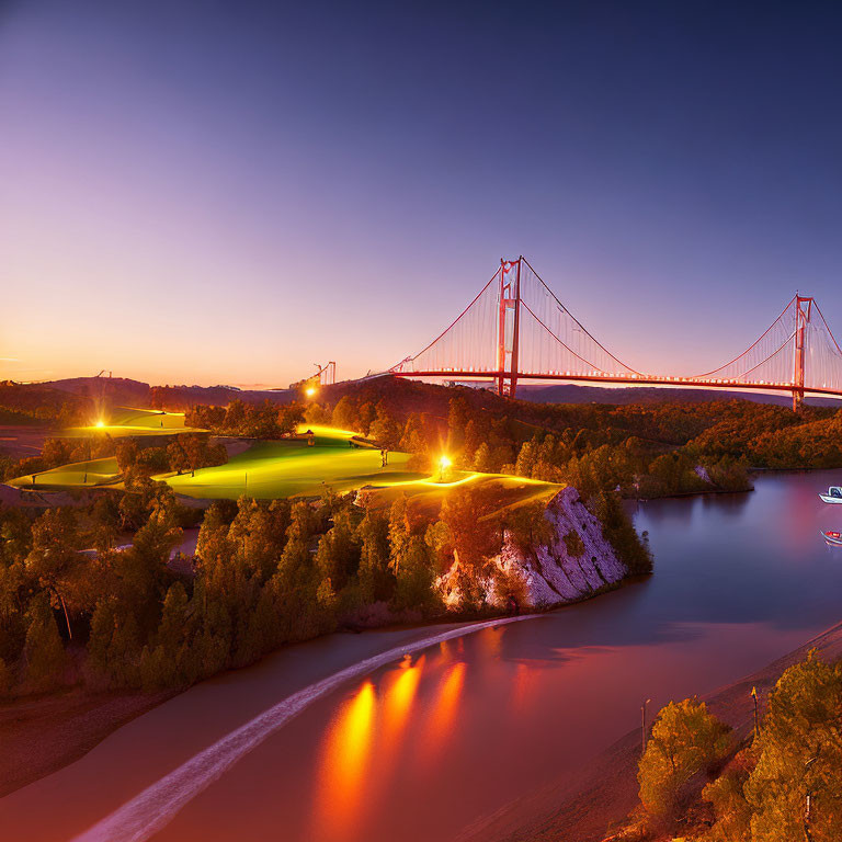 Scenic sunset view of suspension bridge over calm river surrounded by lush greenery