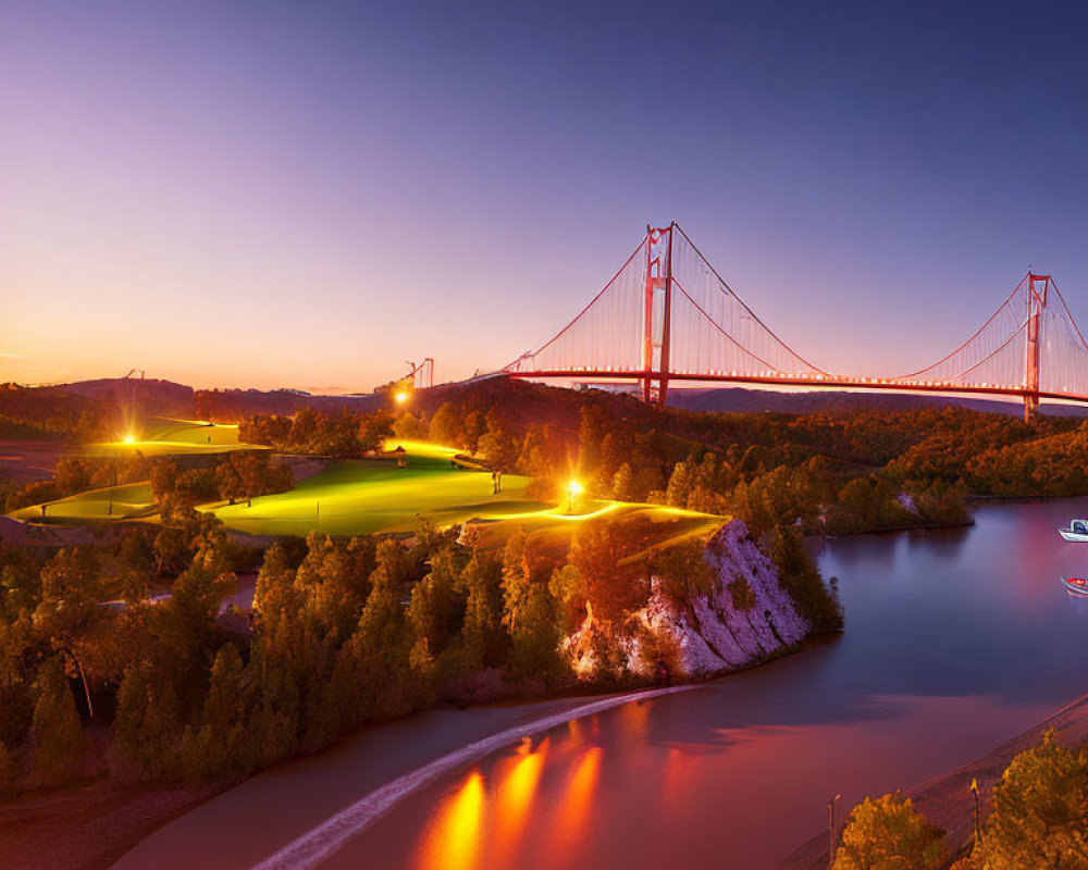 Scenic sunset view of suspension bridge over calm river surrounded by lush greenery