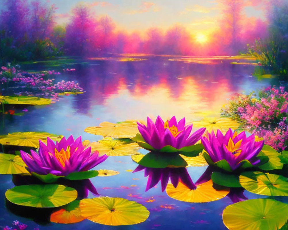 Sunset scene: Vibrant lotus flowers on tranquil pond with colorful reflections