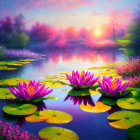 Sunset scene: Vibrant lotus flowers on tranquil pond with colorful reflections