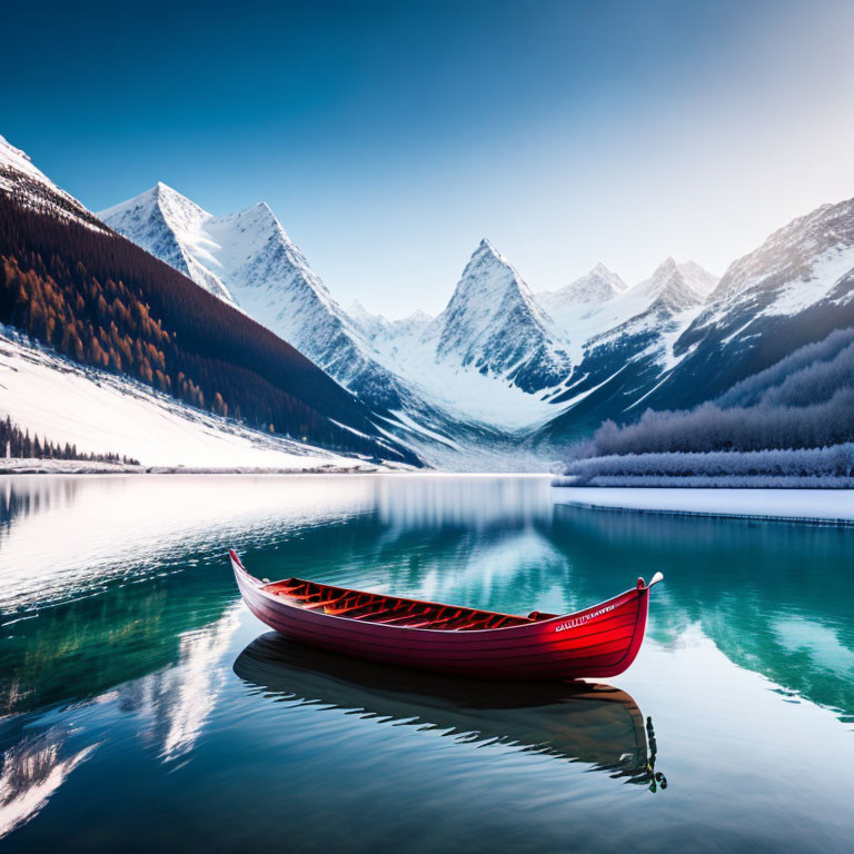 Red boat on serene blue lake with snowy mountains and forest under blue sky