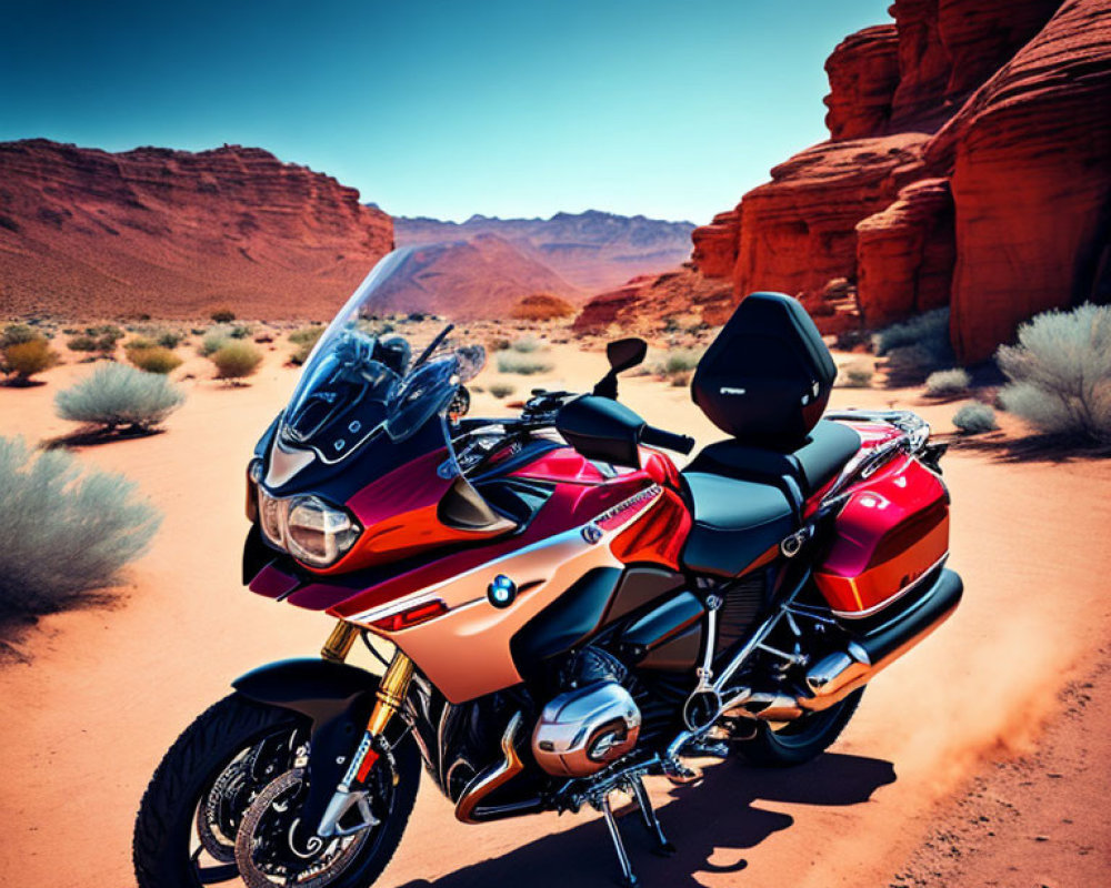 Red and Black BMW Touring Motorcycle on Desert Road with Red Rock Formations