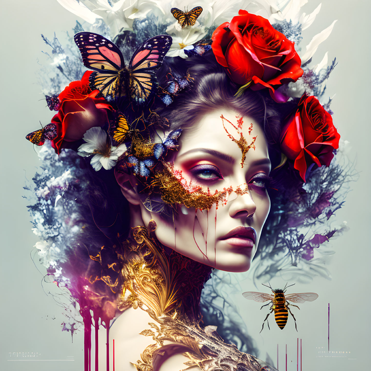 Portrait featuring floral and butterfly motifs in fantasy aesthetic