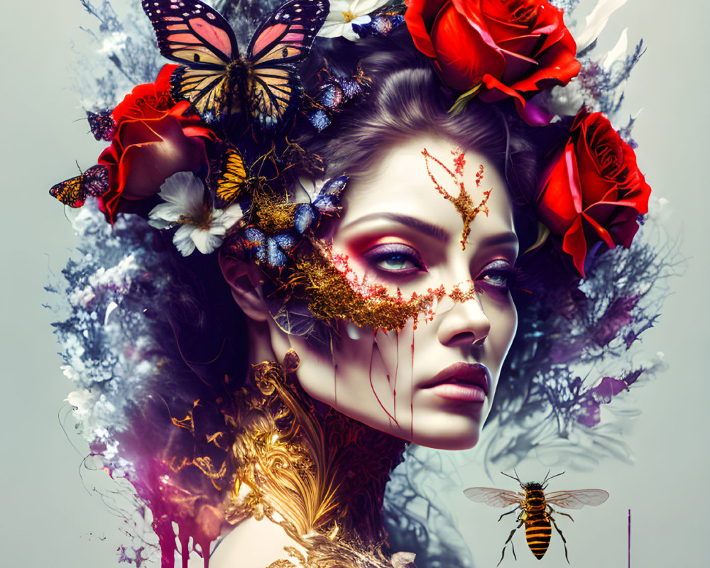 Portrait featuring floral and butterfly motifs in fantasy aesthetic