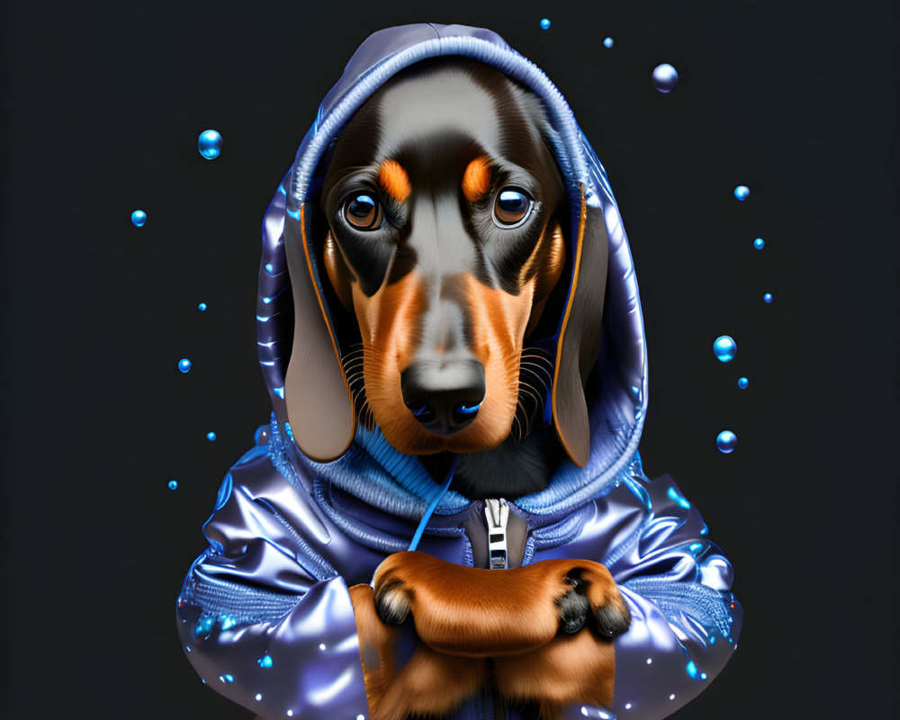 Shiny Blue Hoodie Dachshund Surrounded by Bubbles on Dark Background