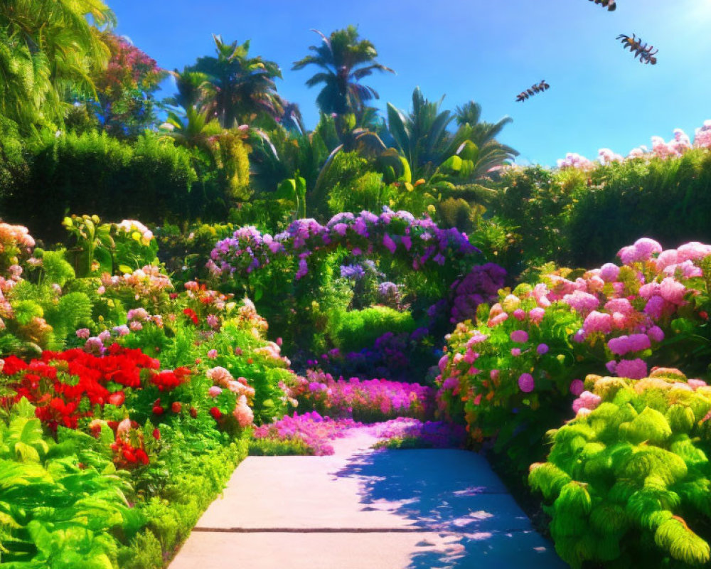 Colorful Garden Path with Lush Greenery and Butterflies