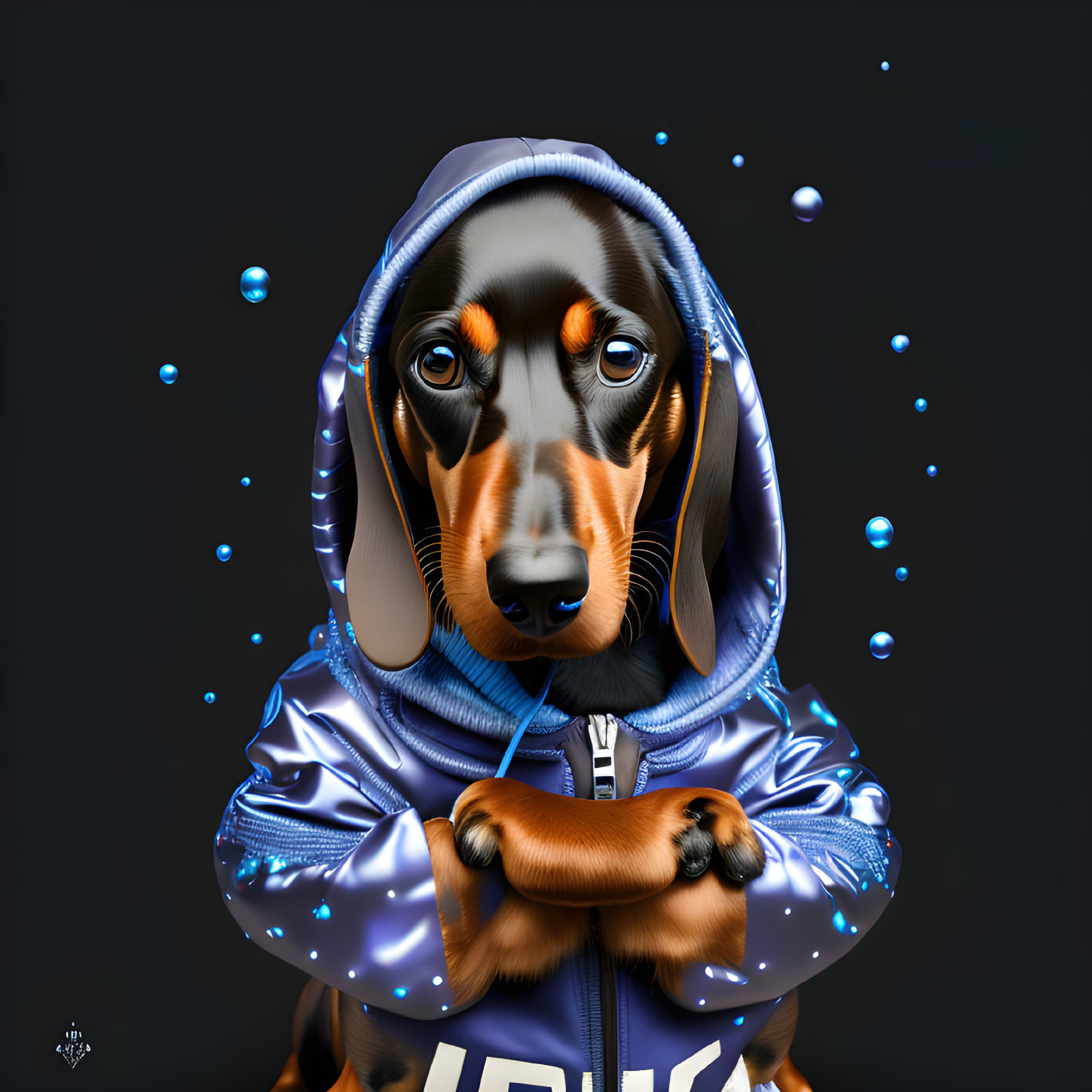 Shiny Blue Hoodie Dachshund Surrounded by Bubbles on Dark Background