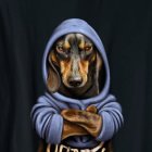 Shiny Blue Hoodie Dachshund Surrounded by Bubbles on Dark Background