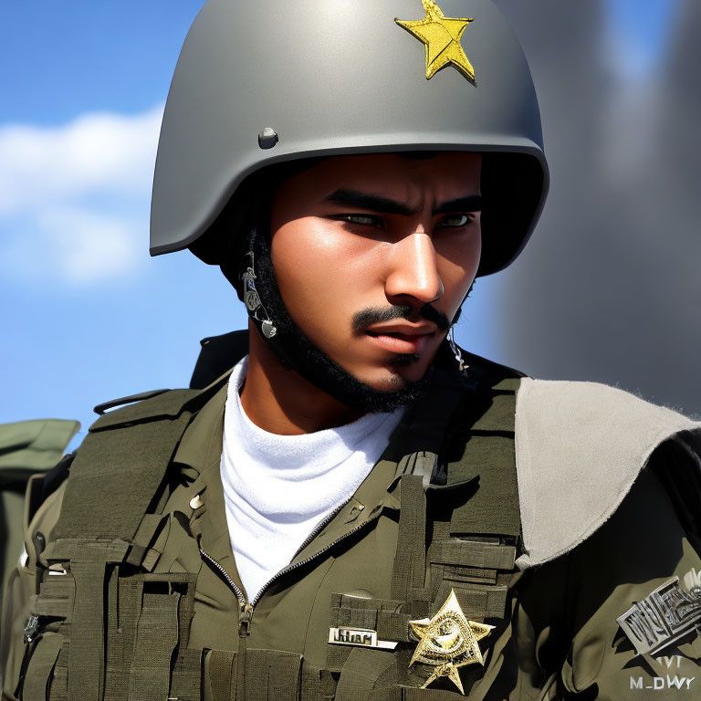 Military uniform individual with star insignia under clear blue sky