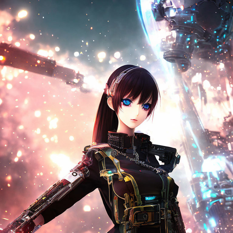 Anime-style digital artwork: Blue-eyed girl in futuristic armor with mecha structures.