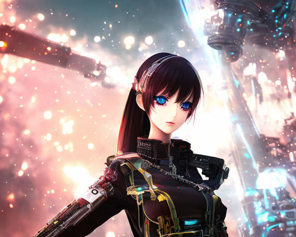 Anime-style digital artwork: Blue-eyed girl in futuristic armor with mecha structures.