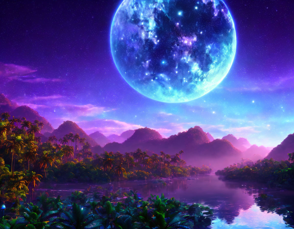 Vibrant Fantasy Landscape: Blue Moon, Jungle, River, Starry Sky