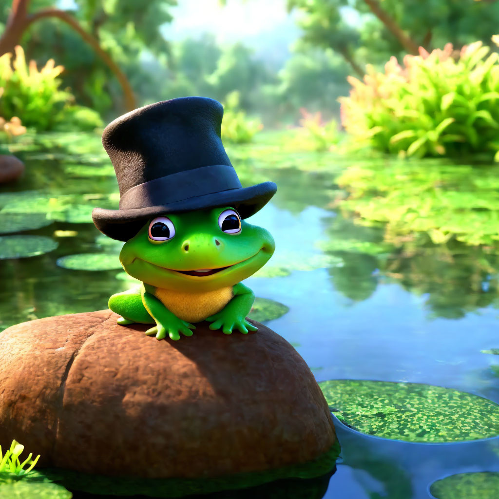 Colorful Animated Frog in Top Hat on Rock by Tranquil Pond