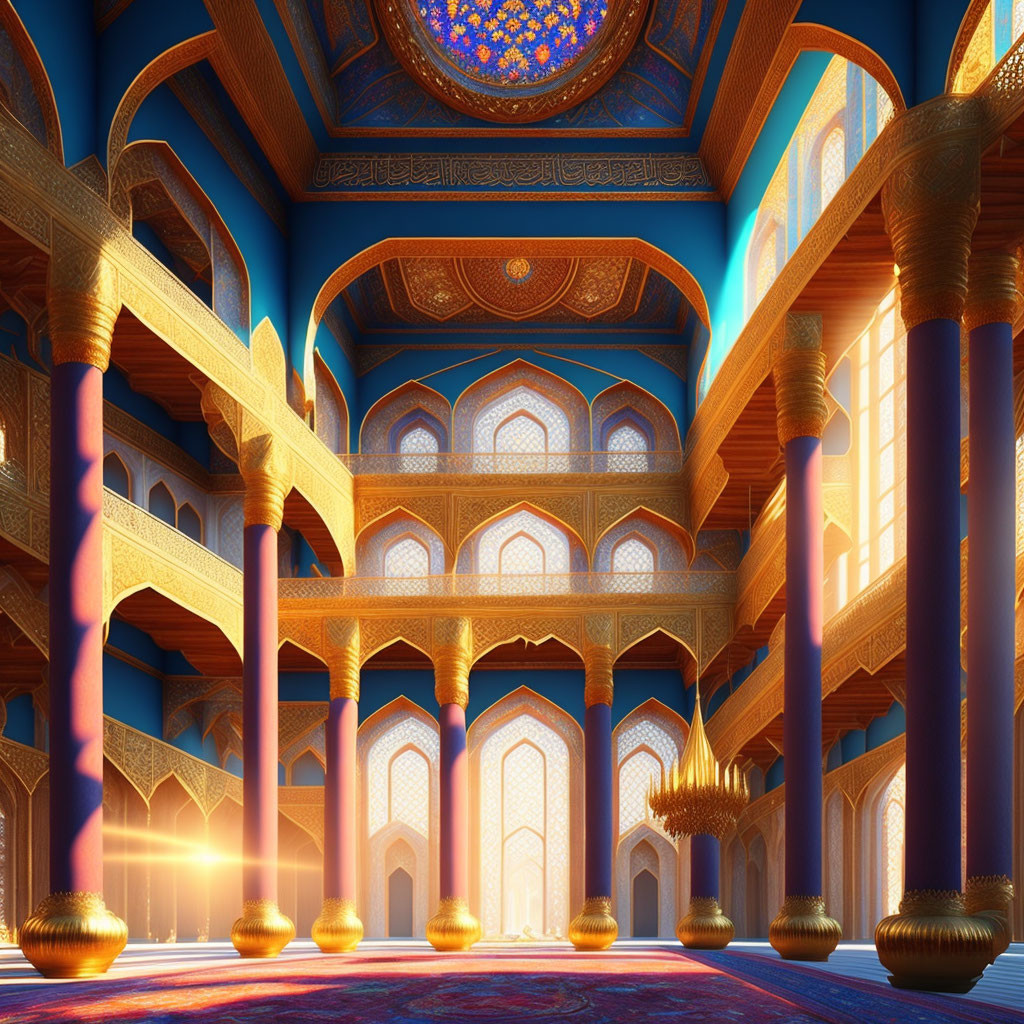 Opulent interior with golden columns, intricate arches, and blue patterned ceiling.