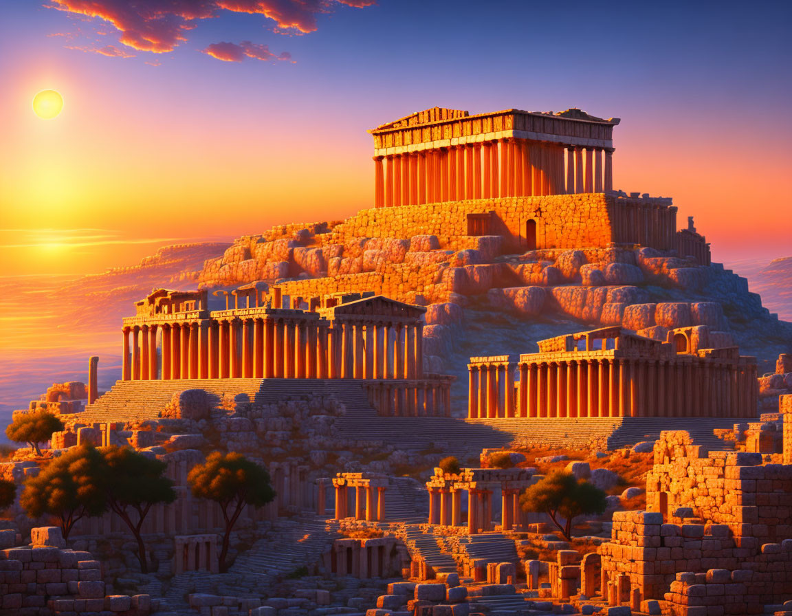 Sunset view of illuminated Parthenon temple at Acropolis