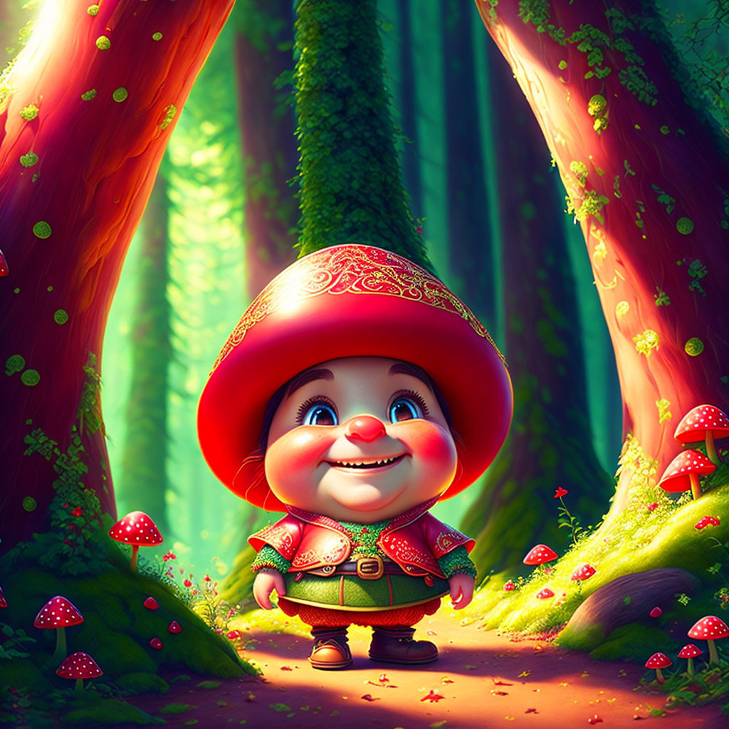 Joyful gnome in red hat strolling magical forest with red-spotted mushrooms