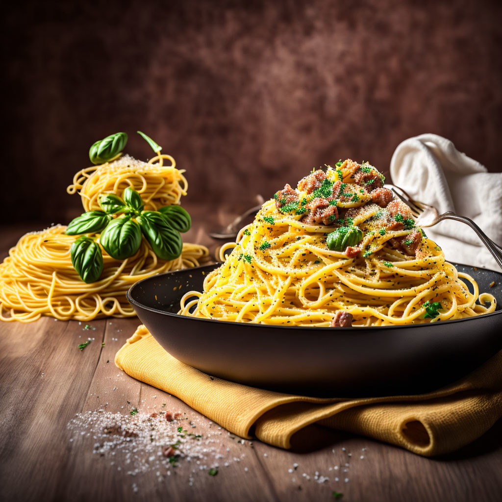 Spaghetti Carbonara with Parsley and Fresh Basil Displayed