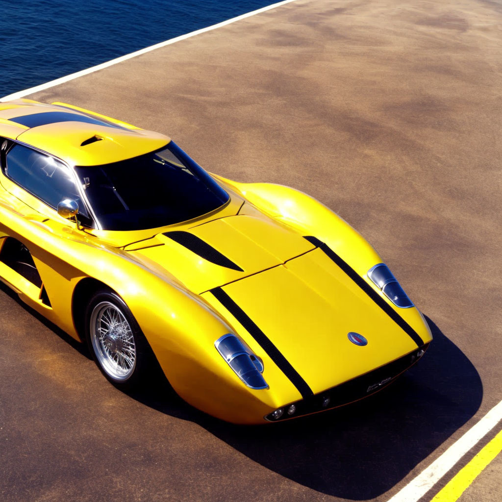 Yellow Classic Sports Car with Black Stripes Parked by Dock