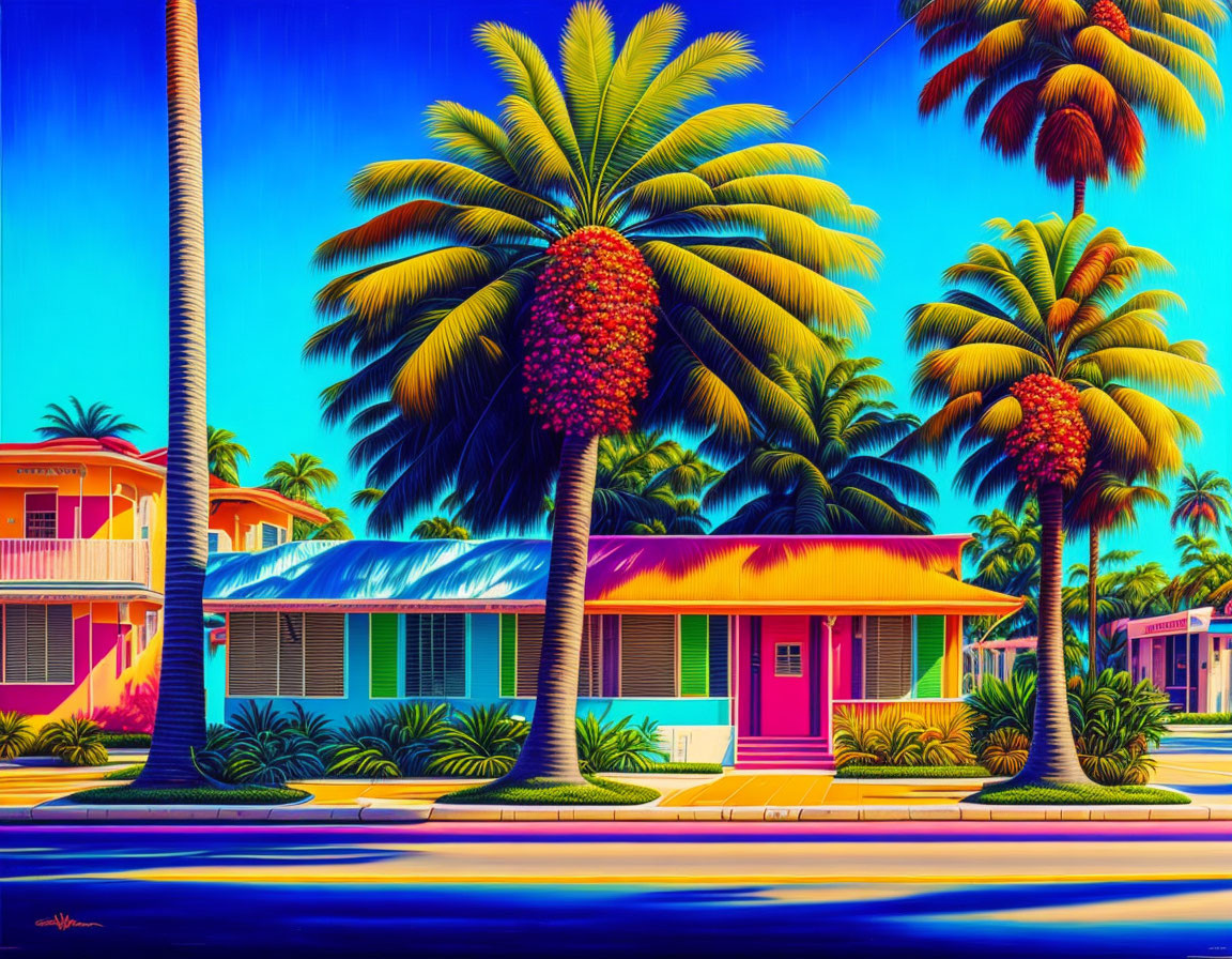 Colorful Tropical Street Scene with Palm Trees and Bright Houses