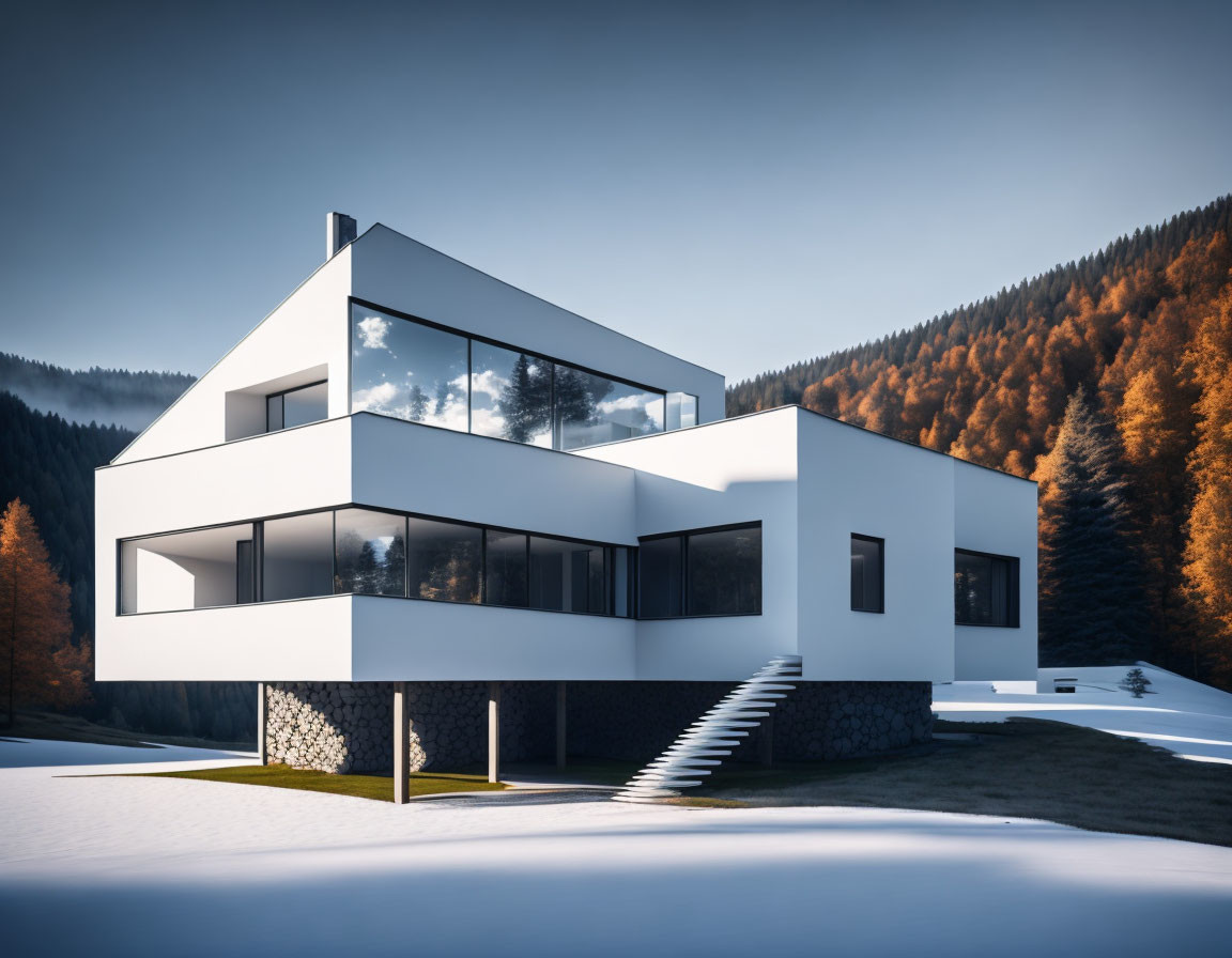 Contemporary white house in snow with forest backdrop