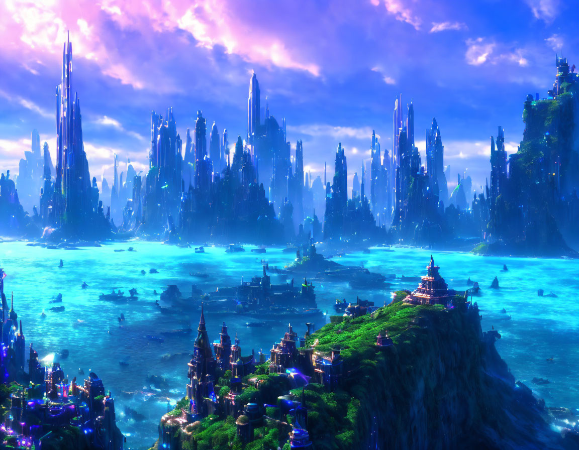 Fantastical city with spire-like structures in vivid blue seascape