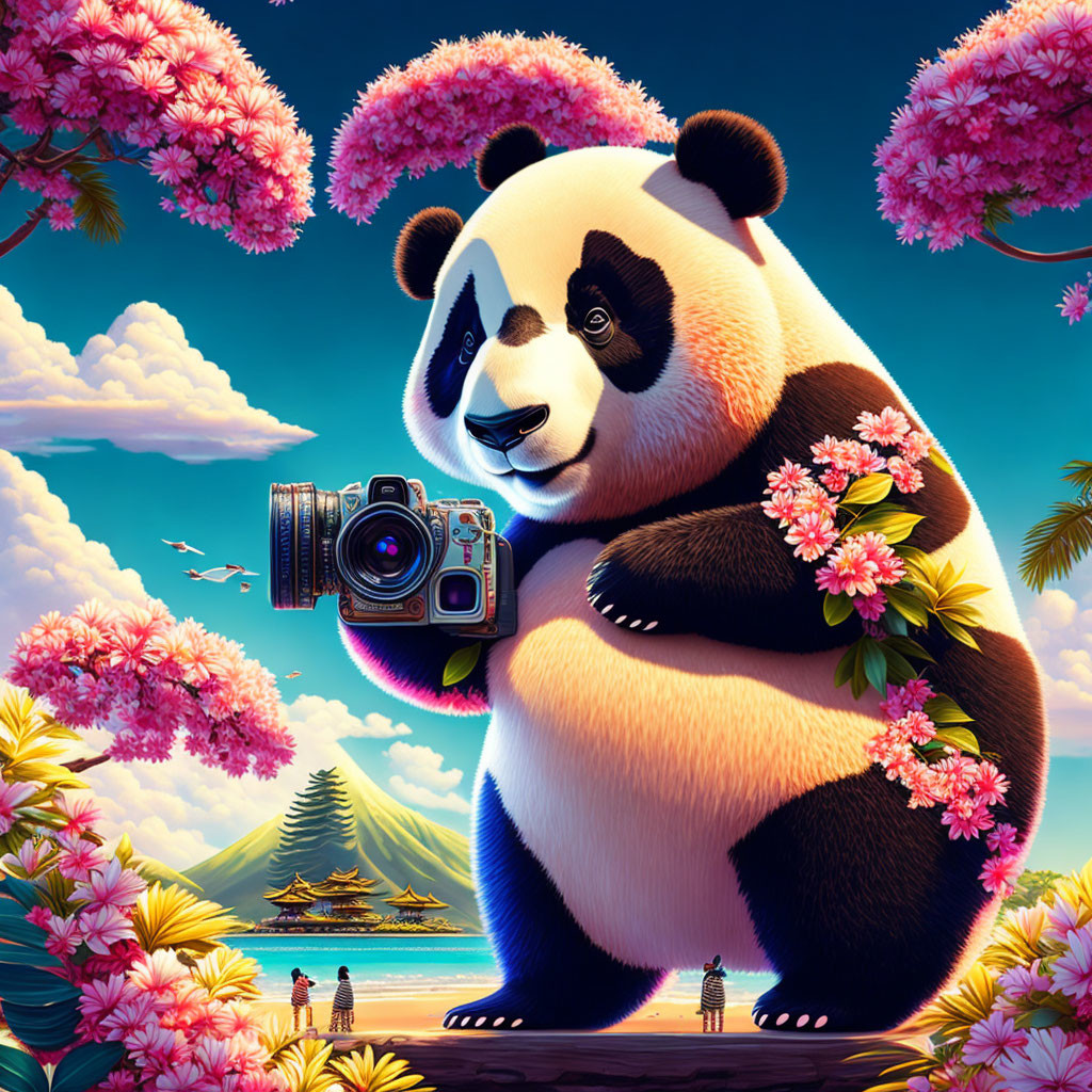 Illustration of giant panda with camera and tiny people in pink blossom setting