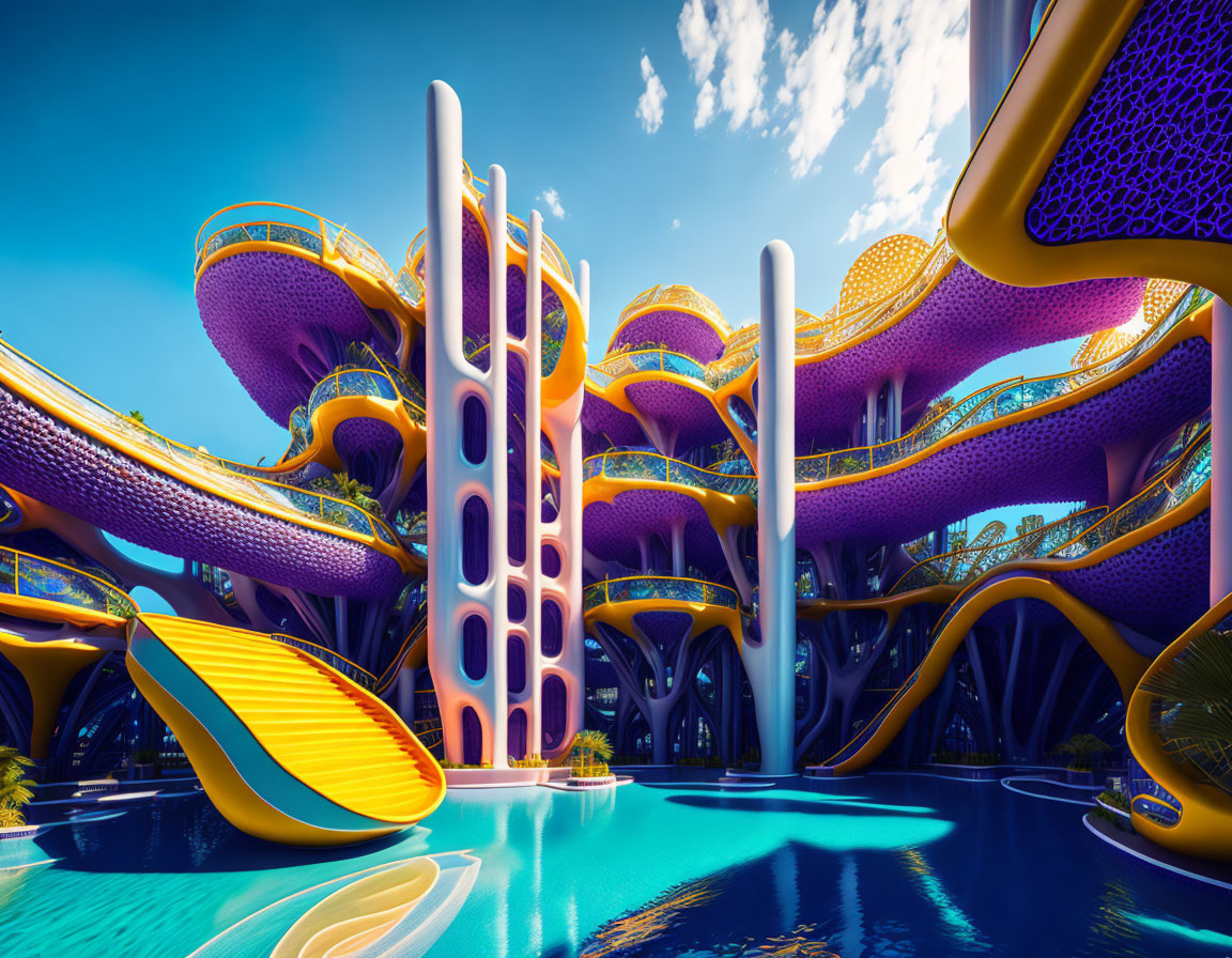 Vibrant yellow and purple slides in futuristic water park