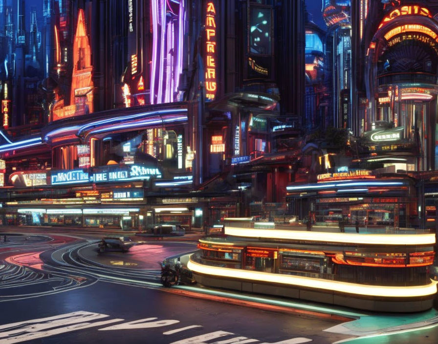 Futuristic neon-lit cityscape with flying vehicles