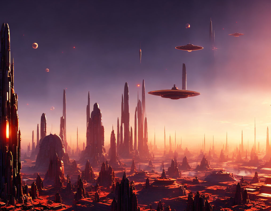 Futuristic cityscape at sunset with towering spires and floating vehicles