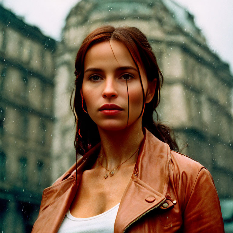 Long-haired woman in brown leather jacket standing in rain with blurred building.