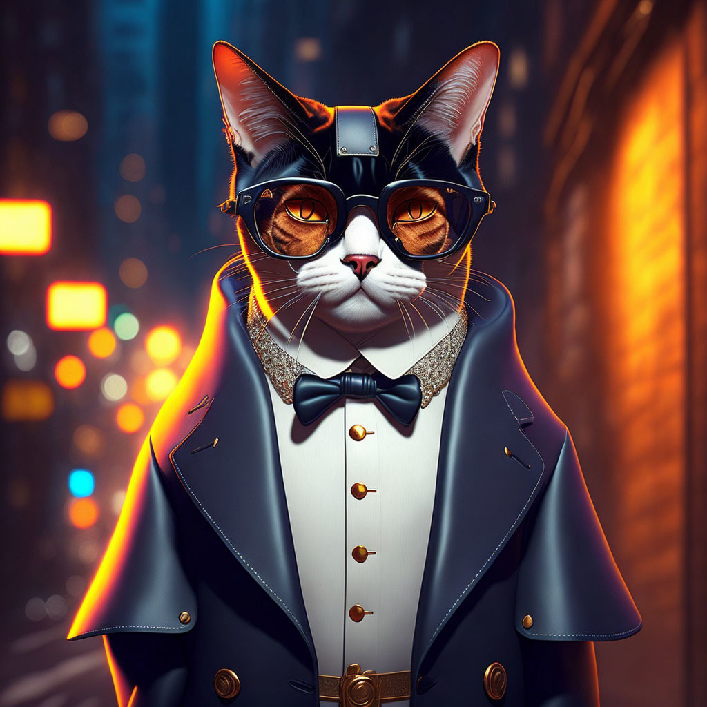 Anthropomorphic cat in tuxedo, glasses, and hat in city night scene